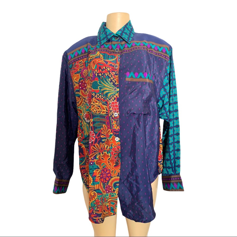 VTG Nicola Multi-patterned Silky Purple and Blue Oversized Graphic Blouse